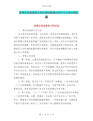 优秀公司业务员工作计划与优秀公司个人工作计划汇编
