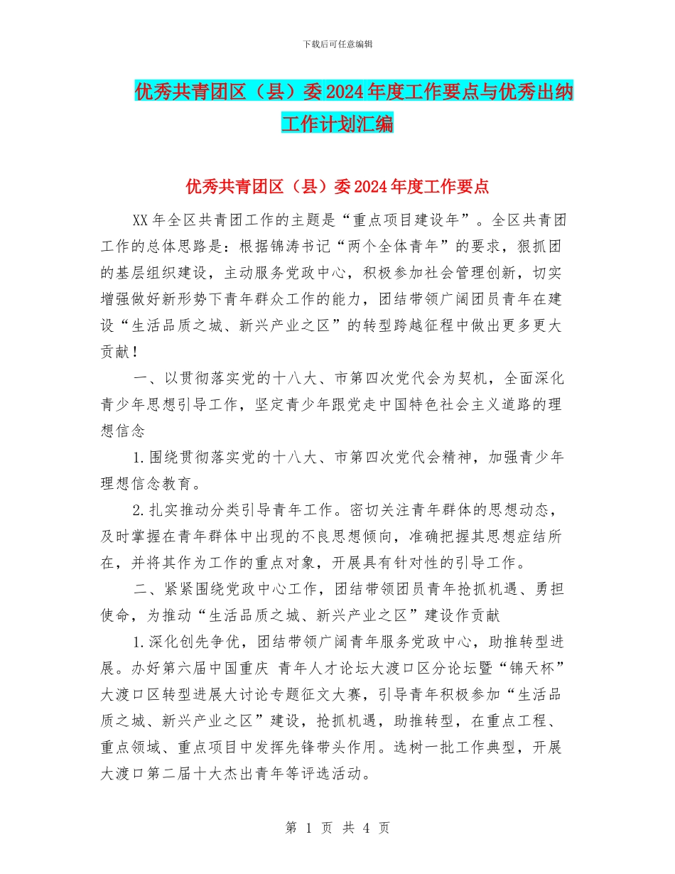 优秀共青团区委2024年度工作要点与优秀出纳工作计划汇编_第1页