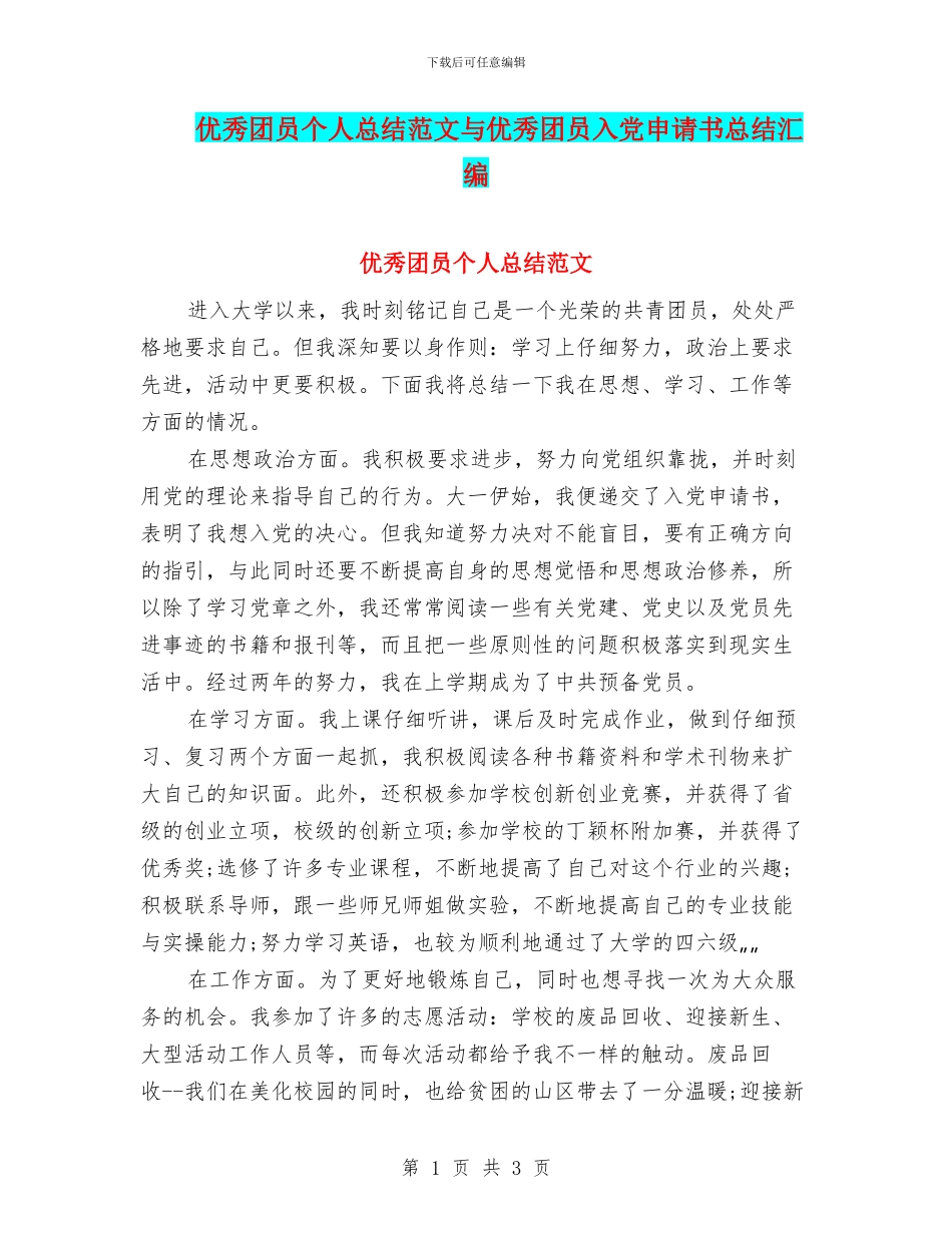 优秀团员个人总结范文与优秀团员入党申请书总结汇编_第1页