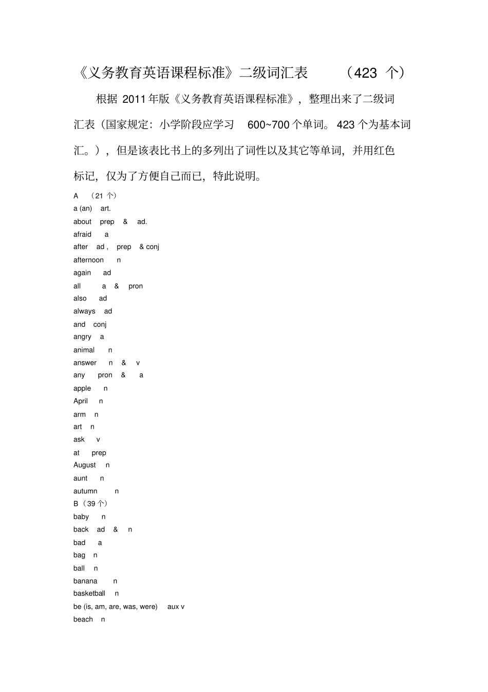 义务教育英语课程标准二级词汇表_第1页
