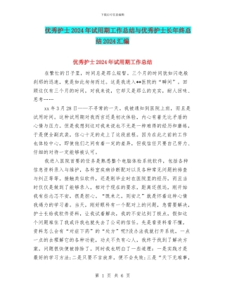 优秀护士2024年试用期工作总结与优秀护士长年终总结2024汇编
