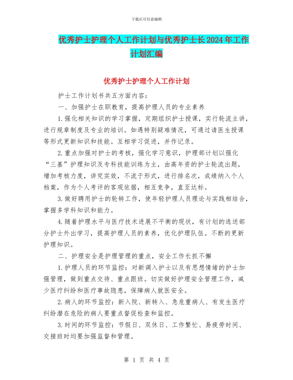 优秀护士护理个人工作计划与优秀护士长2024年工作计划汇编_第1页