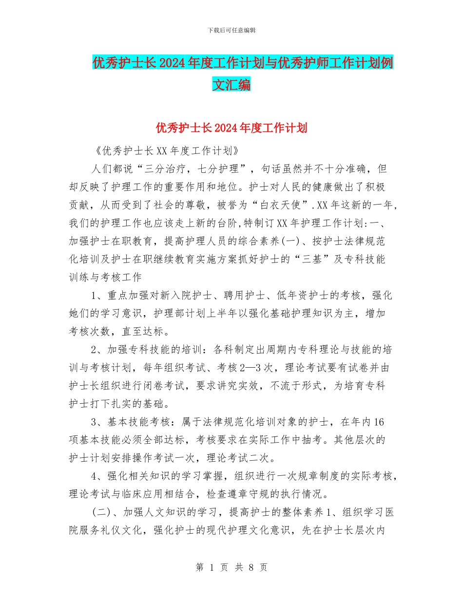 优秀护士长2024年度工作计划与优秀护师工作计划例文汇编_第1页