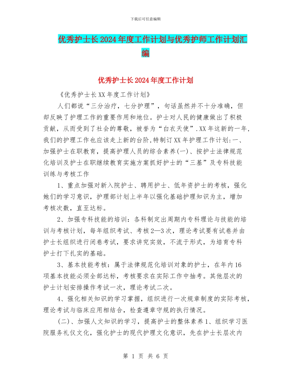 优秀护士长2024年度工作计划与优秀护师工作计划汇编_第1页