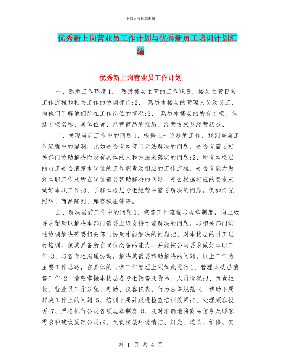 优秀新上岗营业员工作计划与优秀新员工培训计划汇编_第1页