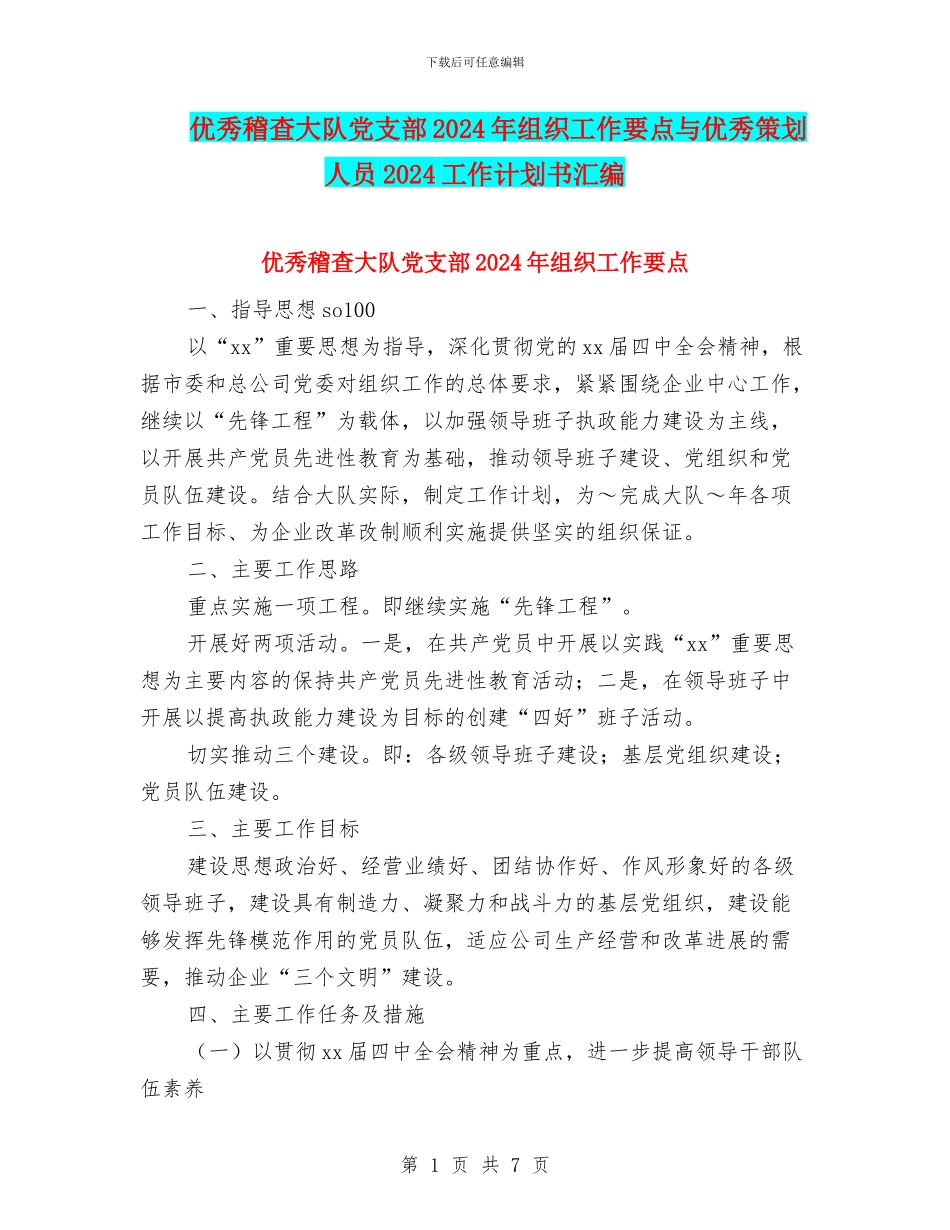 优秀稽查大队党支部2024年组织工作要点与优秀策划人员2024工作计划书汇编_第1页