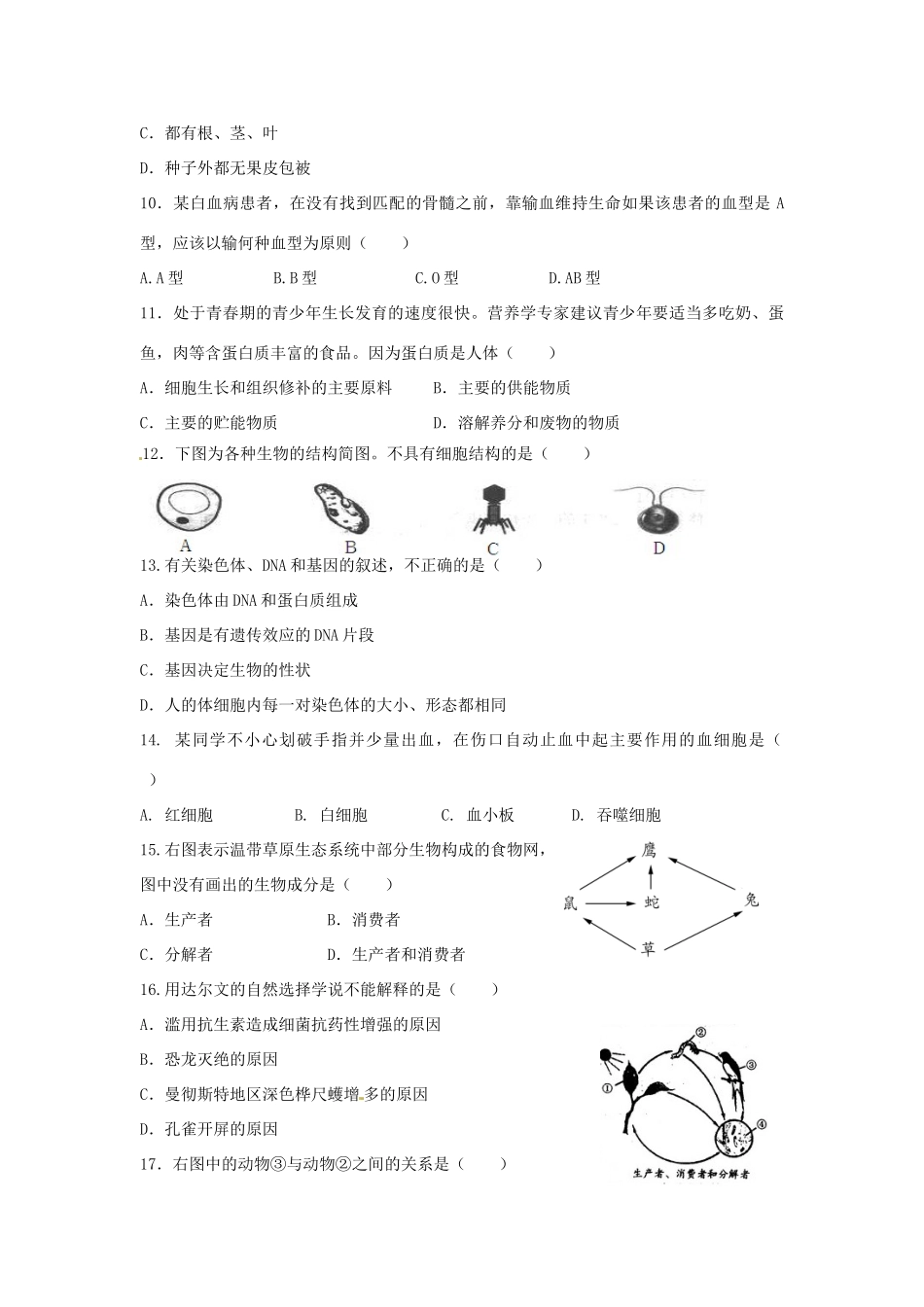 中考生物复习课外作业 生命科学测试卷试卷_第2页