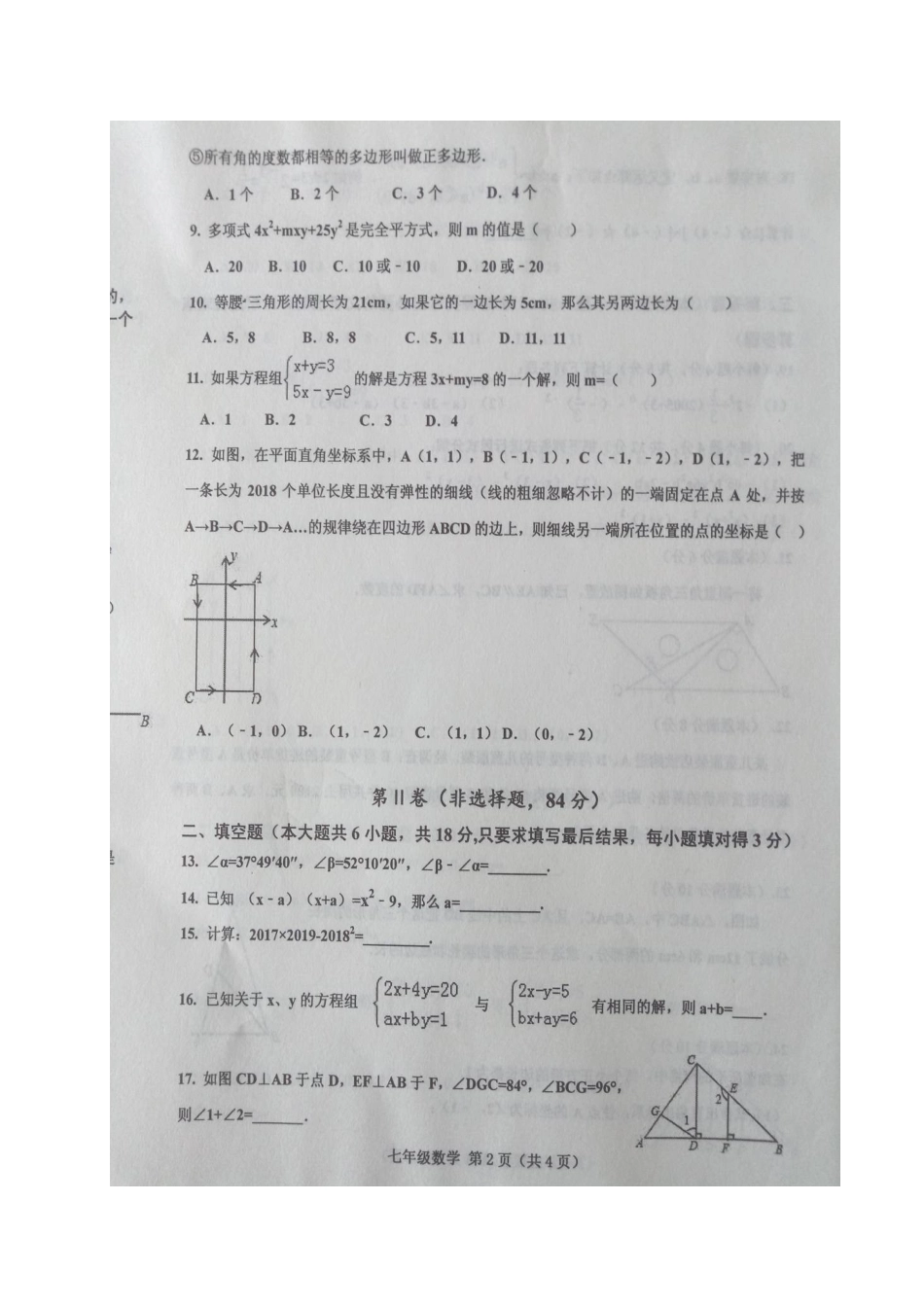 山东省安丘市七年级数学下学期期末试卷(扫描版，无答案) 华东师大版试卷_第2页