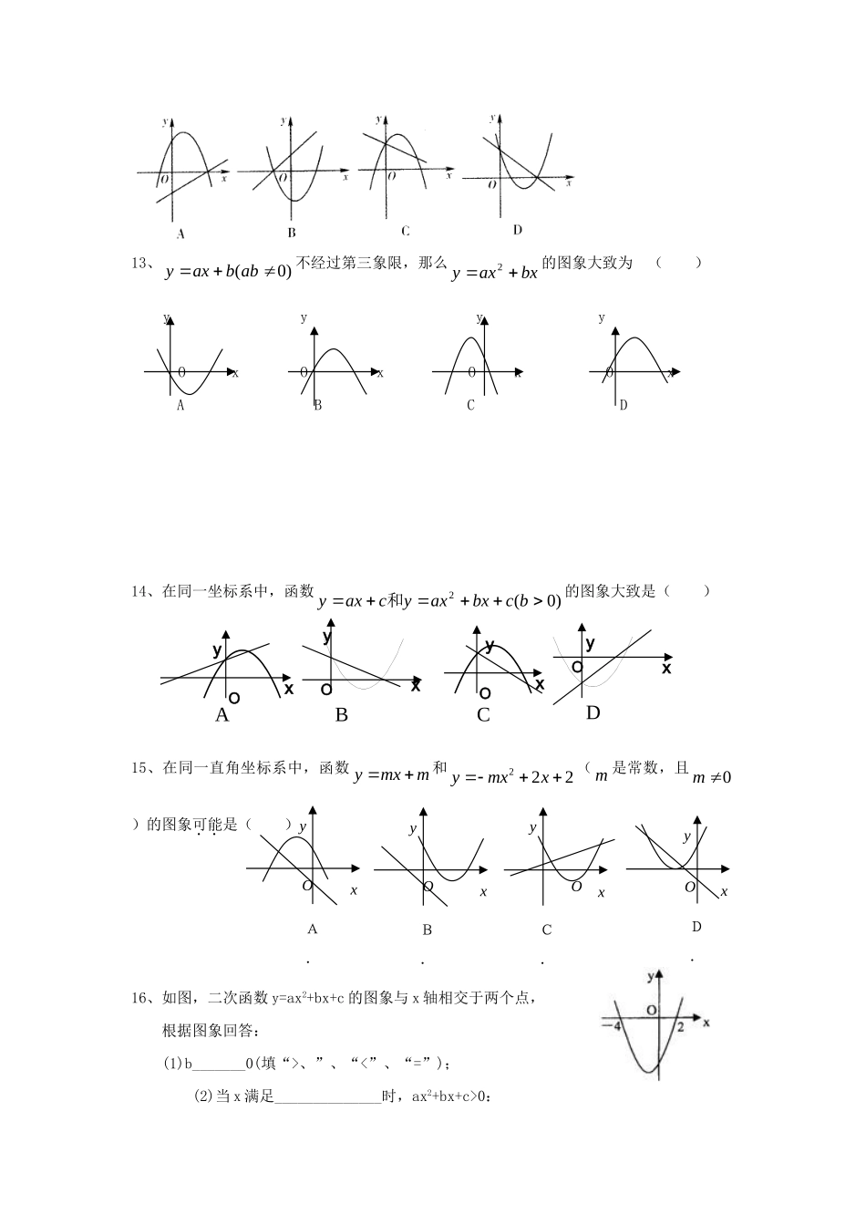 初中数学 二次函数 图像特征与a、b、c、△符号的关系训练(无答案) 试题_第3页