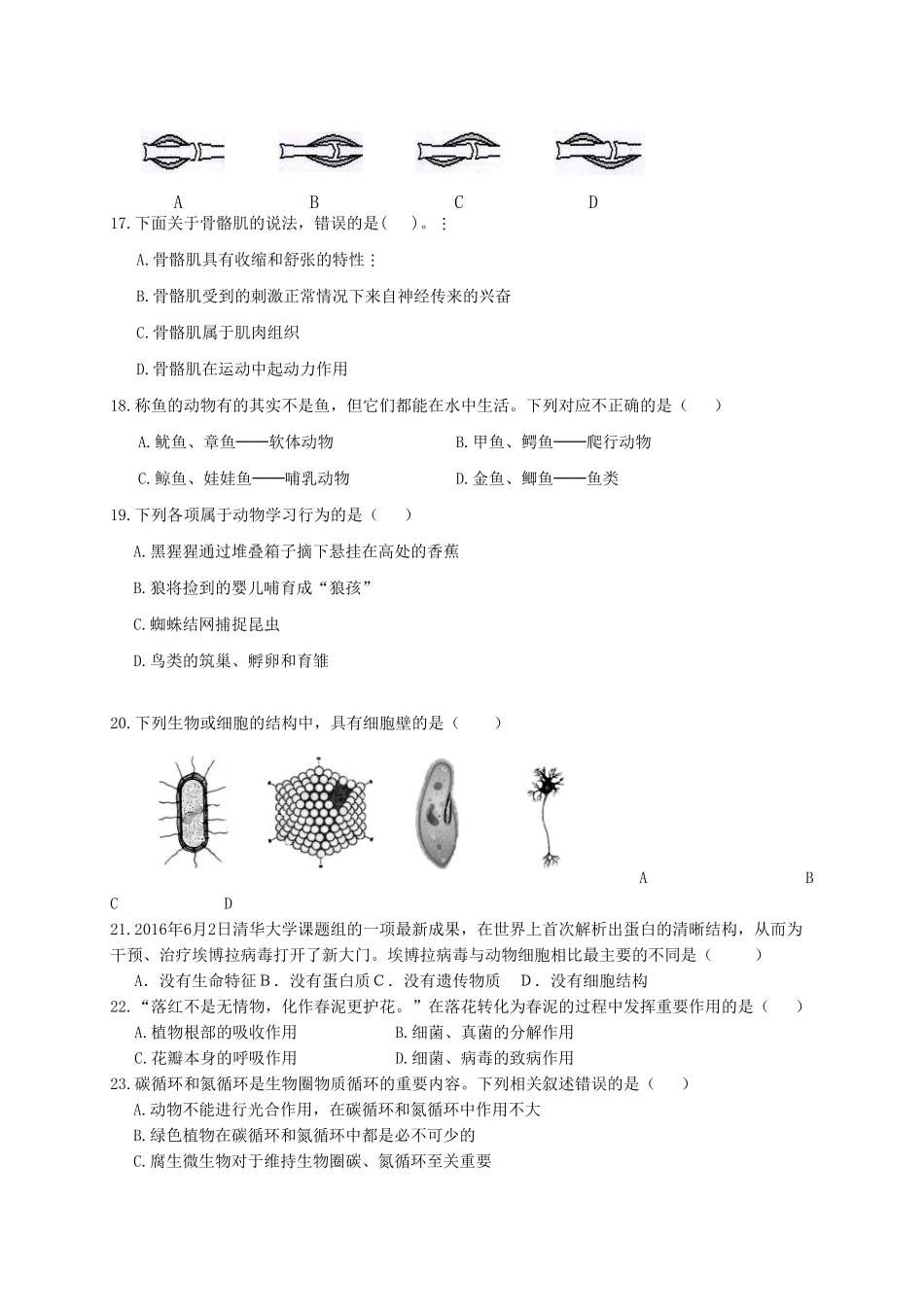 山东省滨州市惠民县七年级生物上学期期末考试试卷_第3页