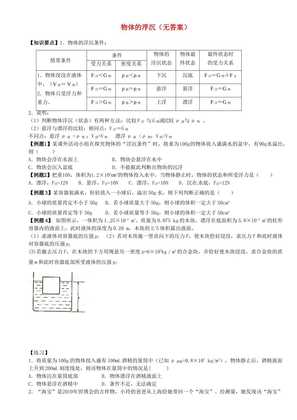 中考物理总复习 物体的浮沉试卷_第1页