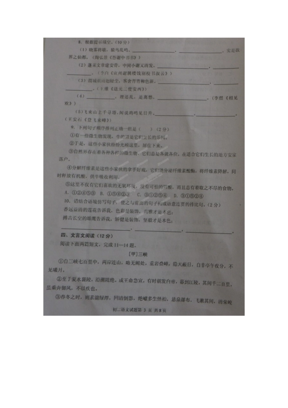 山东省乳山市七年级语文下学期期中试卷五四制试卷_第3页
