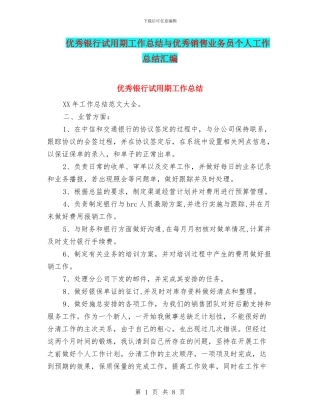 优秀银行试用期工作总结与优秀销售业务员个人工作总结汇编
