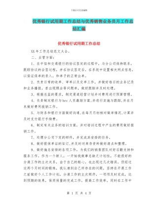 优秀银行试用期工作总结与优秀销售业务员月工作总结汇编