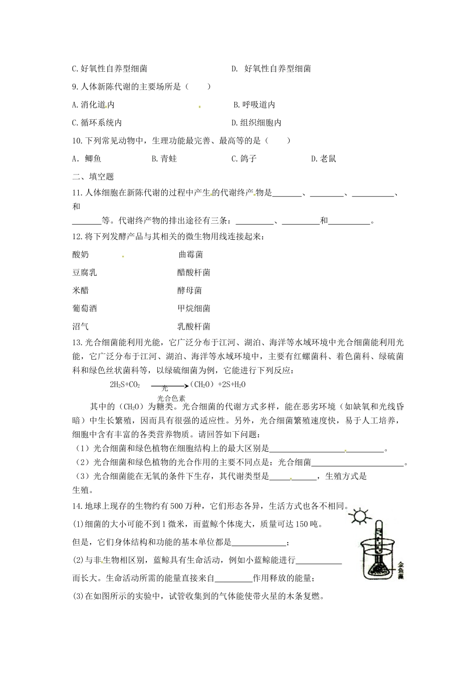 中考生物复习课外作业 第五讲 其他生物的新陈代谢试卷_第2页