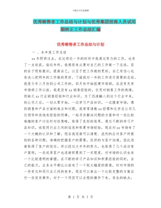 优秀销售者工作总结与计划与优秀集团招商人员试用期转正工作总结汇编