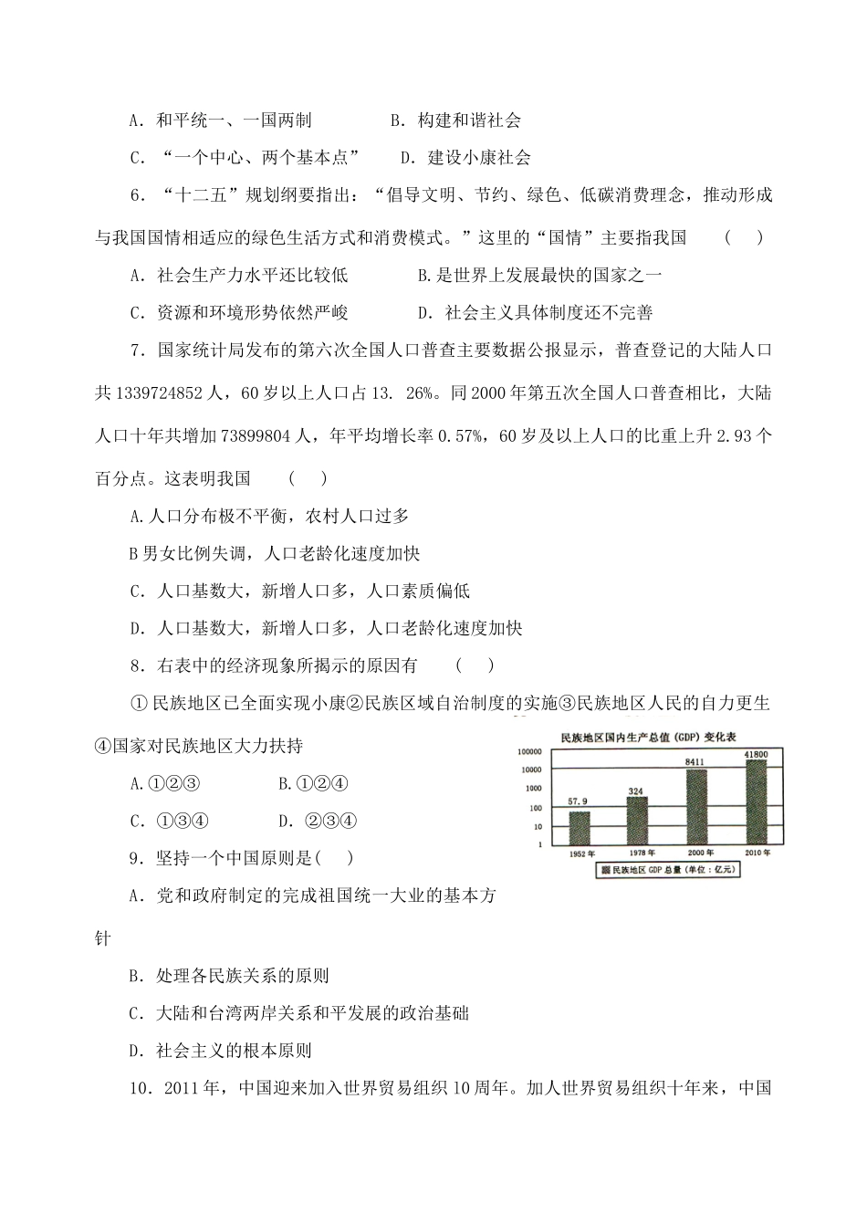 九年级政治第一学期期末模拟试卷 人民版试卷_第2页