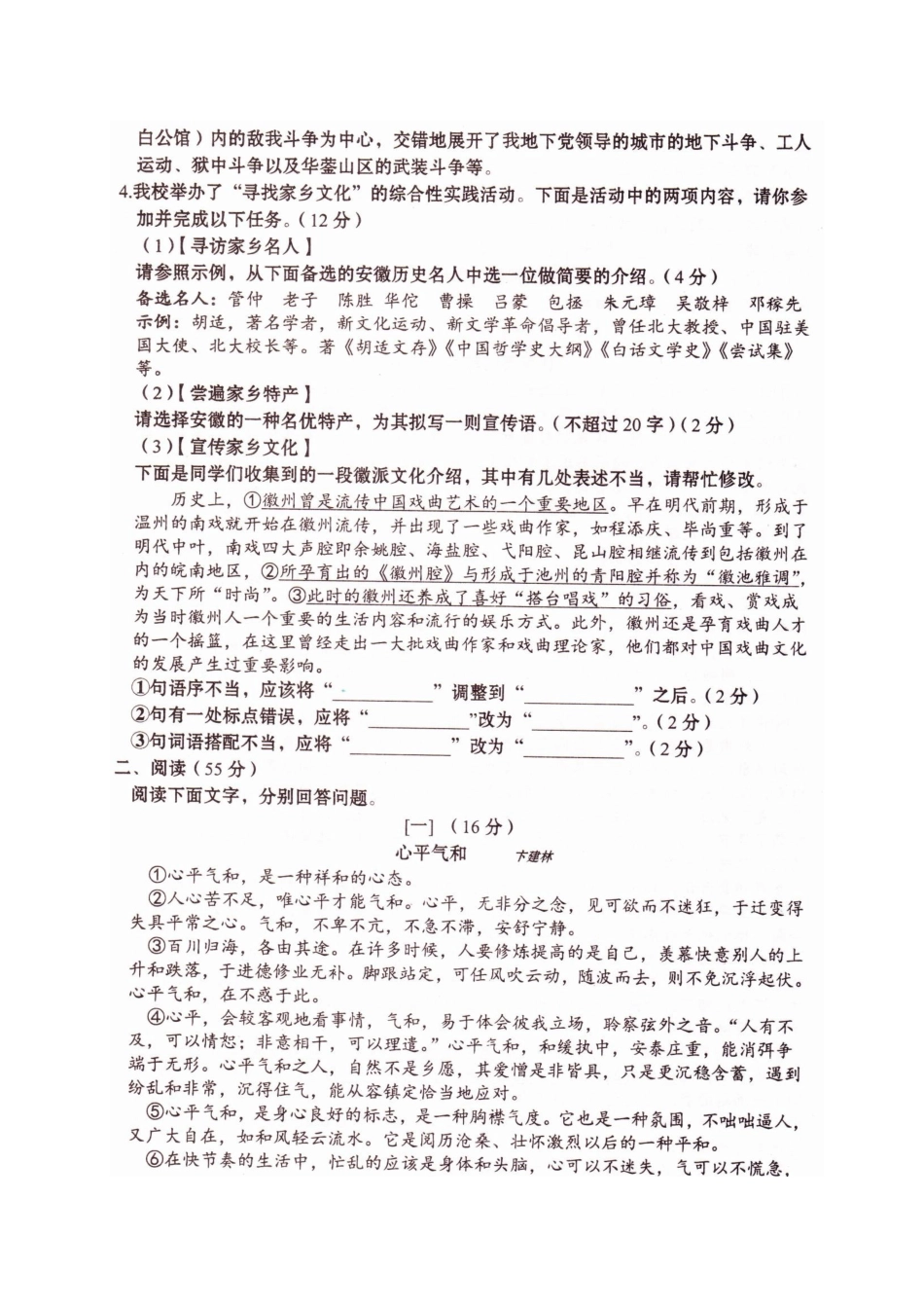 安徽省阜阳市颍州区九年级语文第三次模拟试卷试卷_第2页