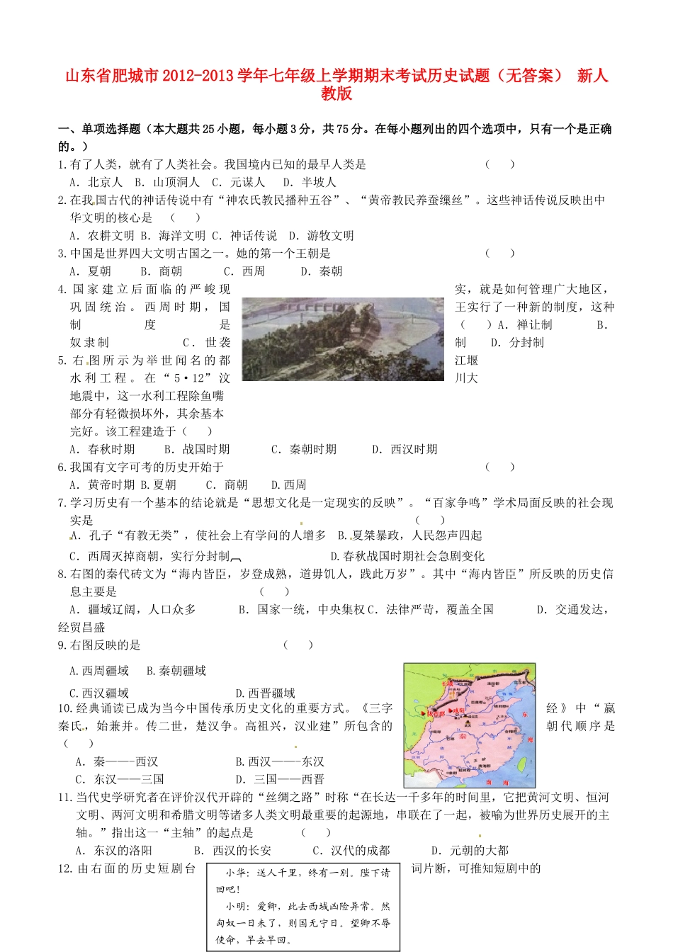 山东省肥城市七年级历史上学期期末考试试卷 新人教版试卷_第1页