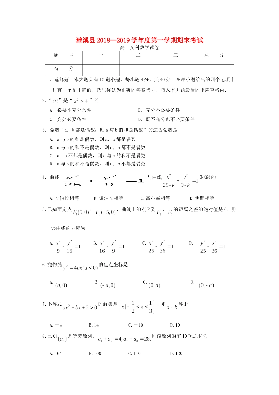 安徽省濉溪县 高二数学上学期期末考试试卷 文 试卷_第1页