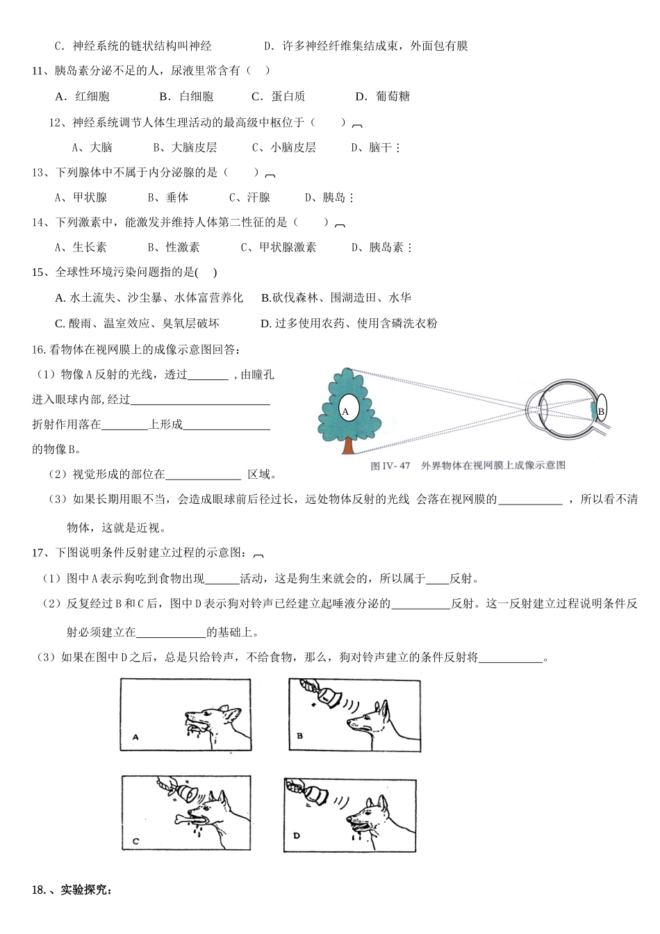 中考生物 感觉与调节知识点汇总及复习题 北师大版试卷_第3页