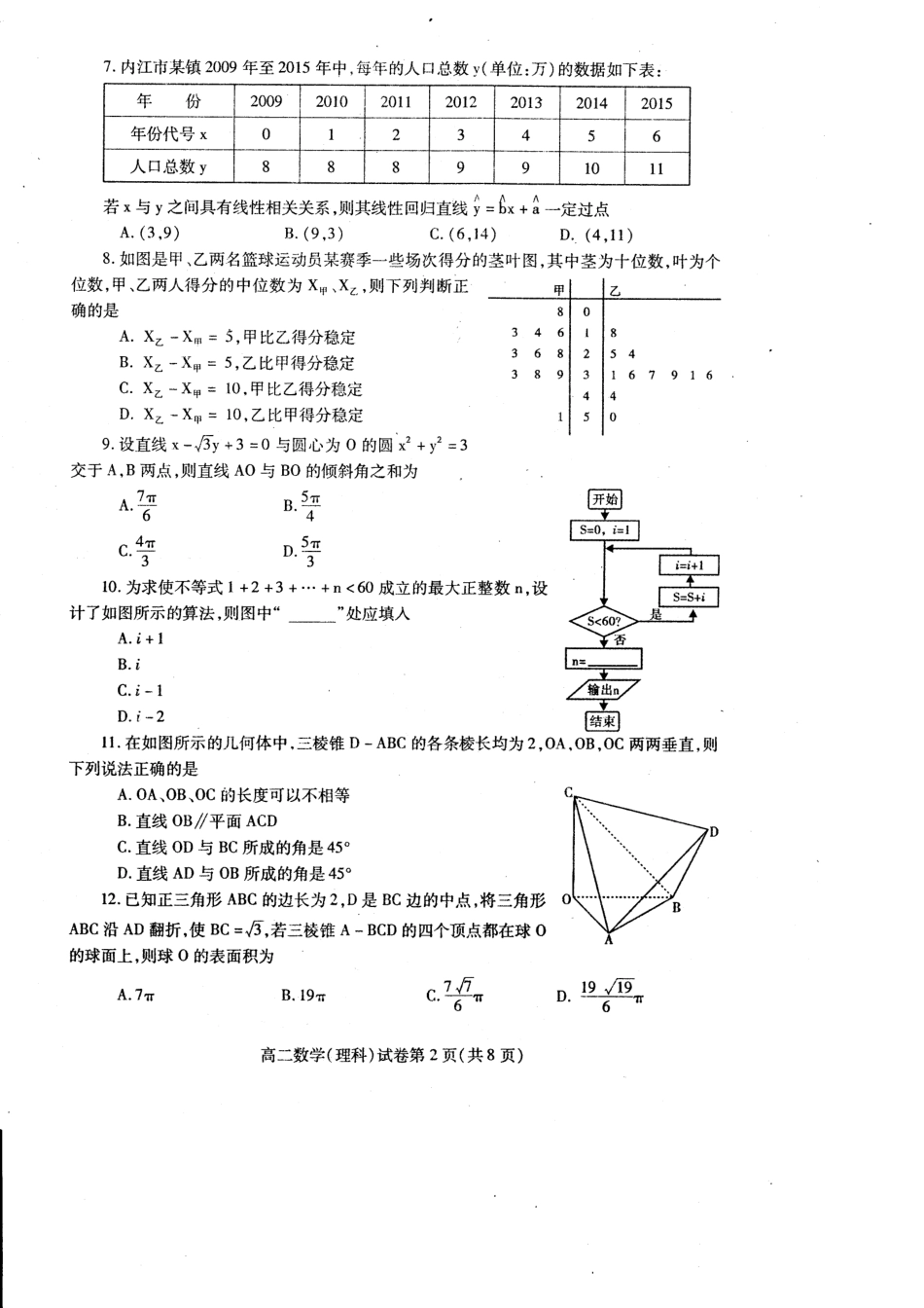 四川省内江市 高二数学上学期期末检测试卷 理(PDF，无答案)试卷_第2页