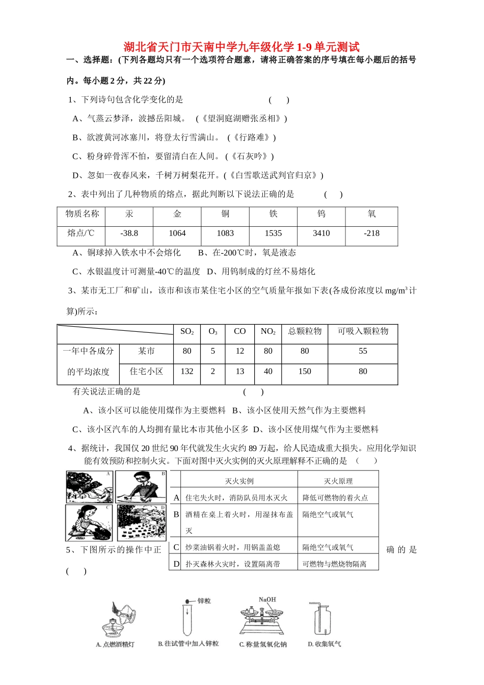 九年级化学1-9单元测试 新课标 人教版试卷_第1页