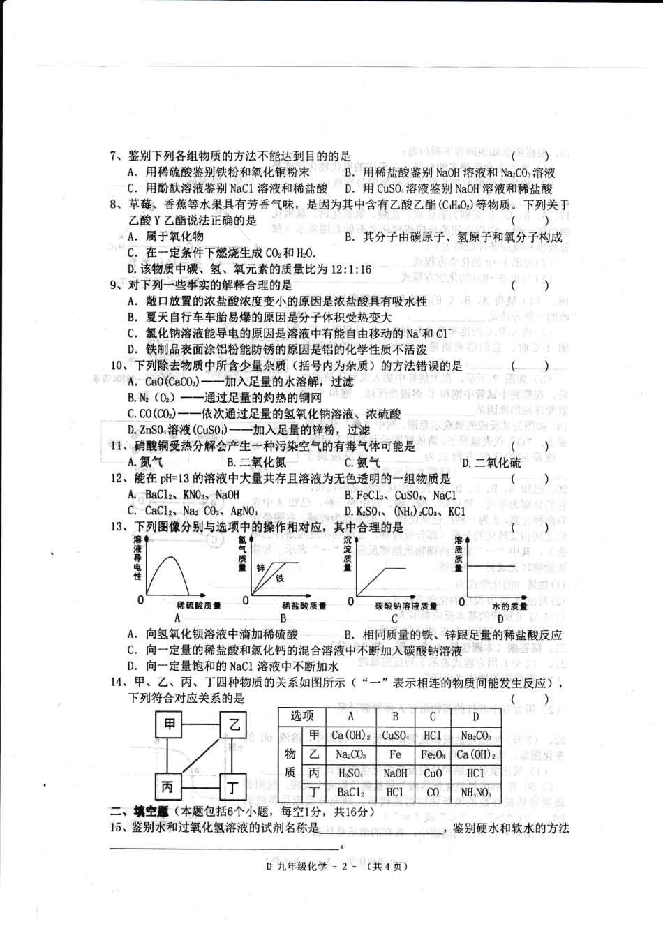 九年级化学下学期期中素质测试试卷(pdf) 河南省驻马店市泌阳县九年级化学下学期期中素质测试试卷(pdf)_第2页
