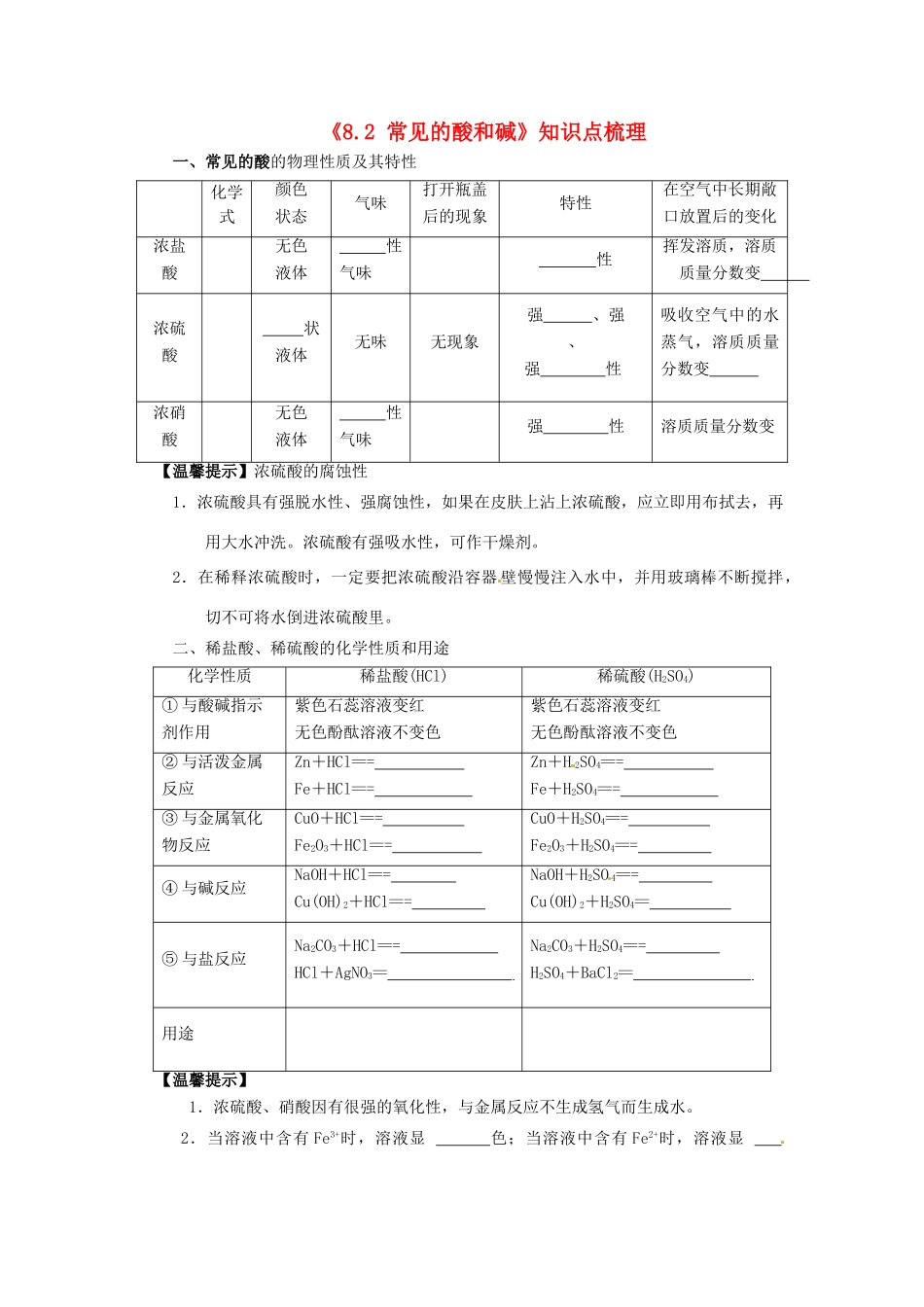 九年级化学下册(82 常见的酸和碱)知识点梳理 粤教版试卷_第1页