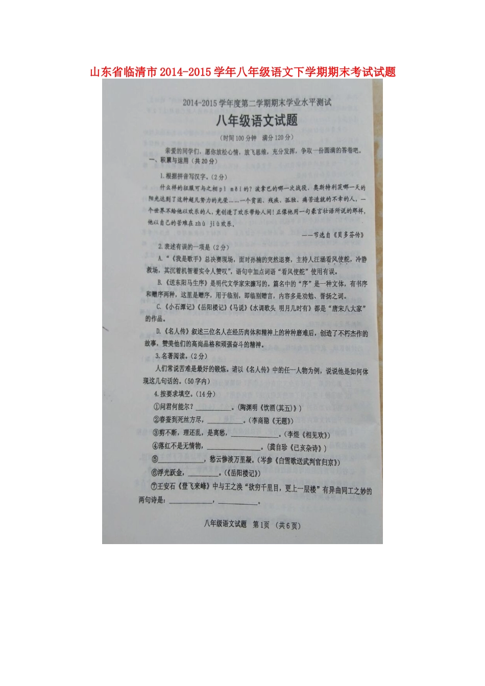 山东省临清市 八年级语文下学期期末考试试卷新人教版试卷_第1页