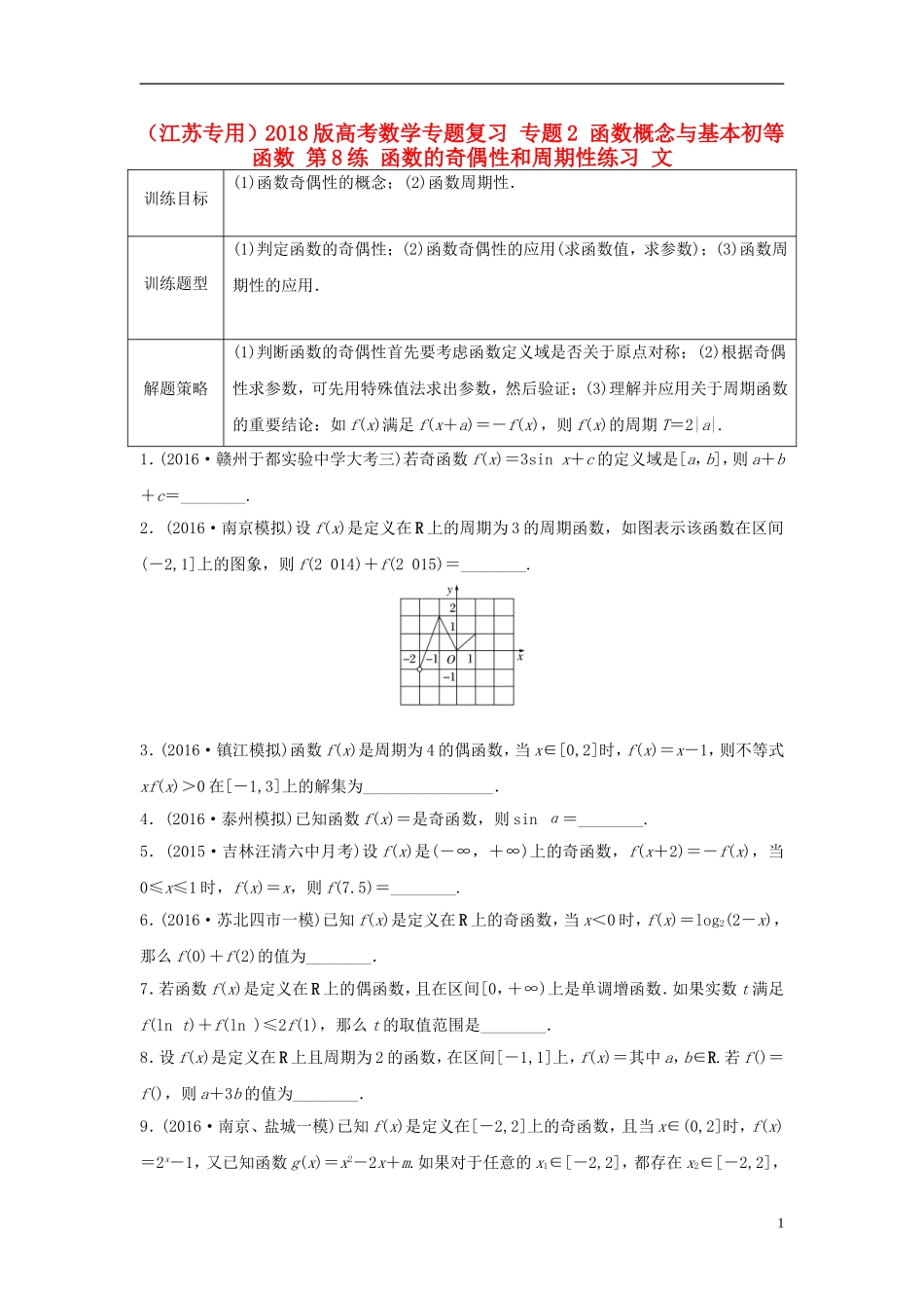 （江苏专用）高考数学专题复习 专题2 函数概念与基本初等函数 第8练 函数的奇偶性和周期性练习 文-人教版高三全册数学试题_第1页