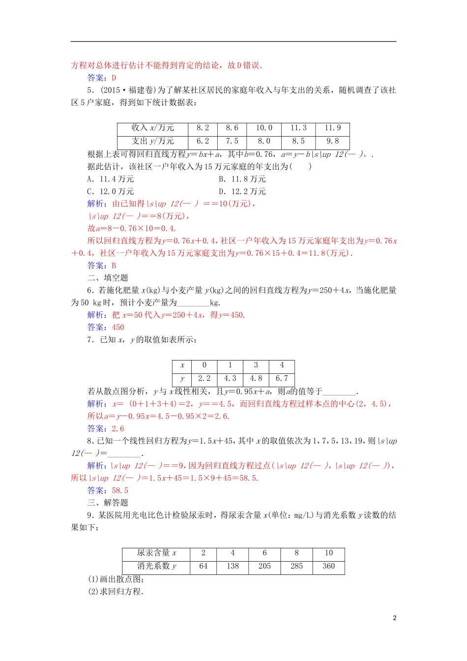 高中数学 第三章 统计案例 3.1 回归分析的基本思想及其初步应用 第1课时 线性回归模型检测（含解析）新人教A版选修2-3-新人教A版高二选修2-3数学试题_第2页