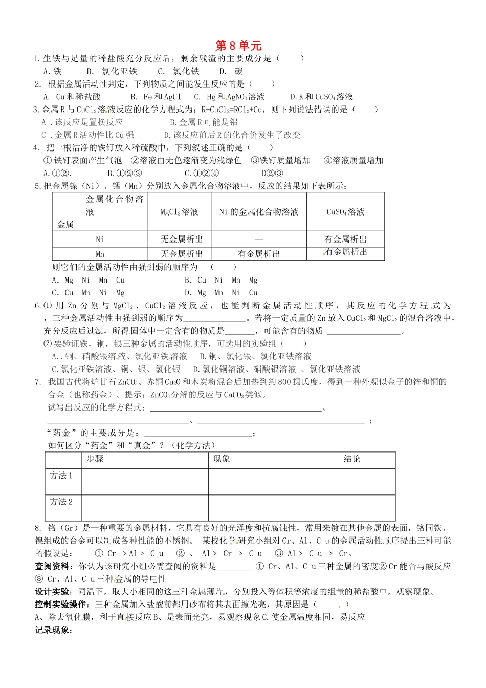 九年级化学全册 第8单元 错题重考试卷2(新版)沪教版试卷_第1页