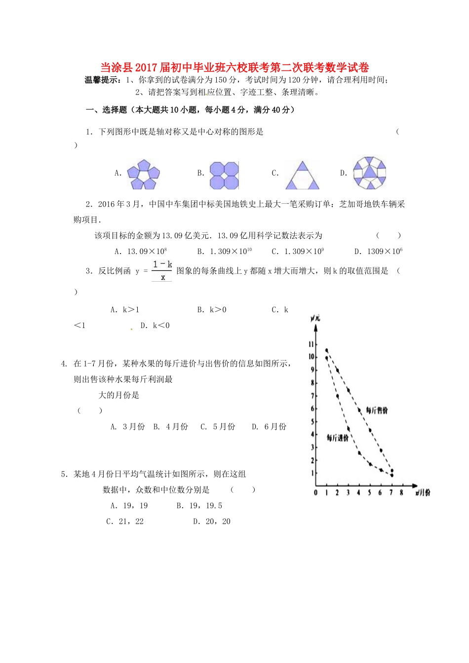 初中数学毕业班六校第二次联考试题 新人教版 试题_第1页