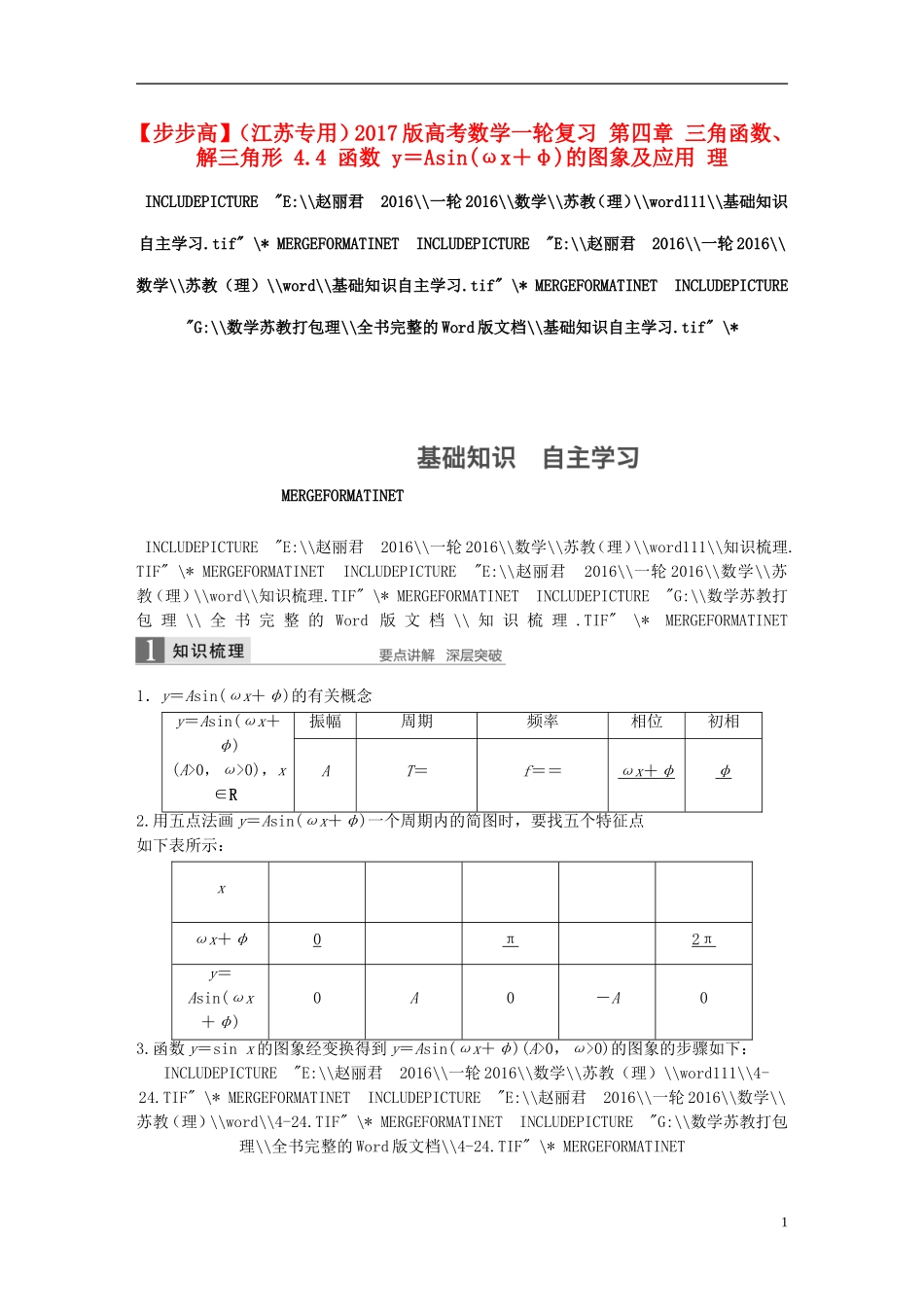 （江苏专用）高考数学一轮复习 第四章 三角函数、解三角形 4.4 函数 y＝Asin(ωx＋φ)的图象及应用 理-人教版高三全册数学试题_第1页