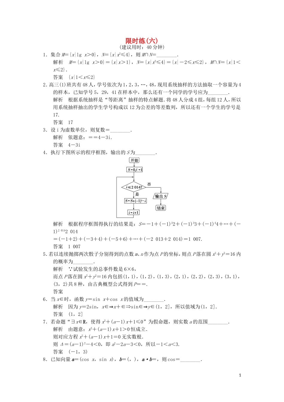 （江苏专用）高考数学二轮专题复习 填空题限时练六 理-人教版高三全册数学试题_第1页