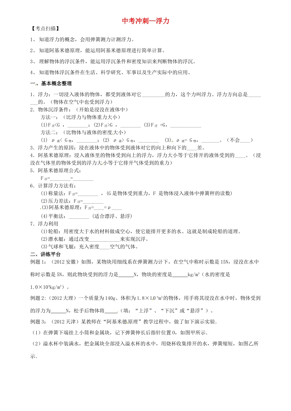 中考物理专题复习 浮力试卷_第1页