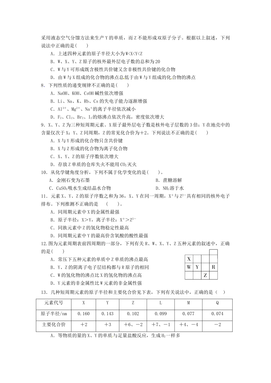 江西省上饶县高一化学下学期第一次月考试题（零、实验班）-人教版高一全册化学试题_第2页