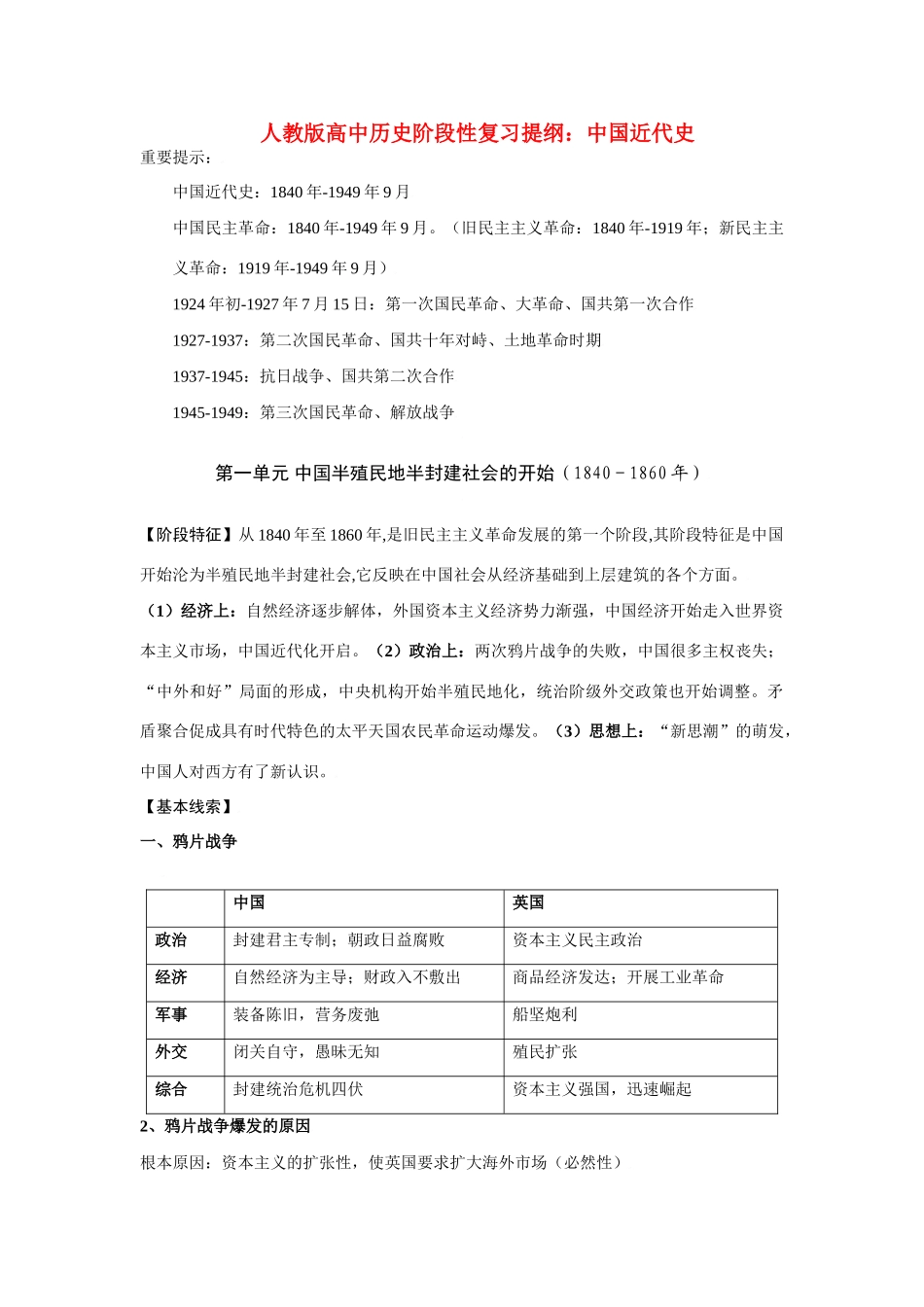 人教版高中历史阶段性复习提纲（中国近代史）_第1页