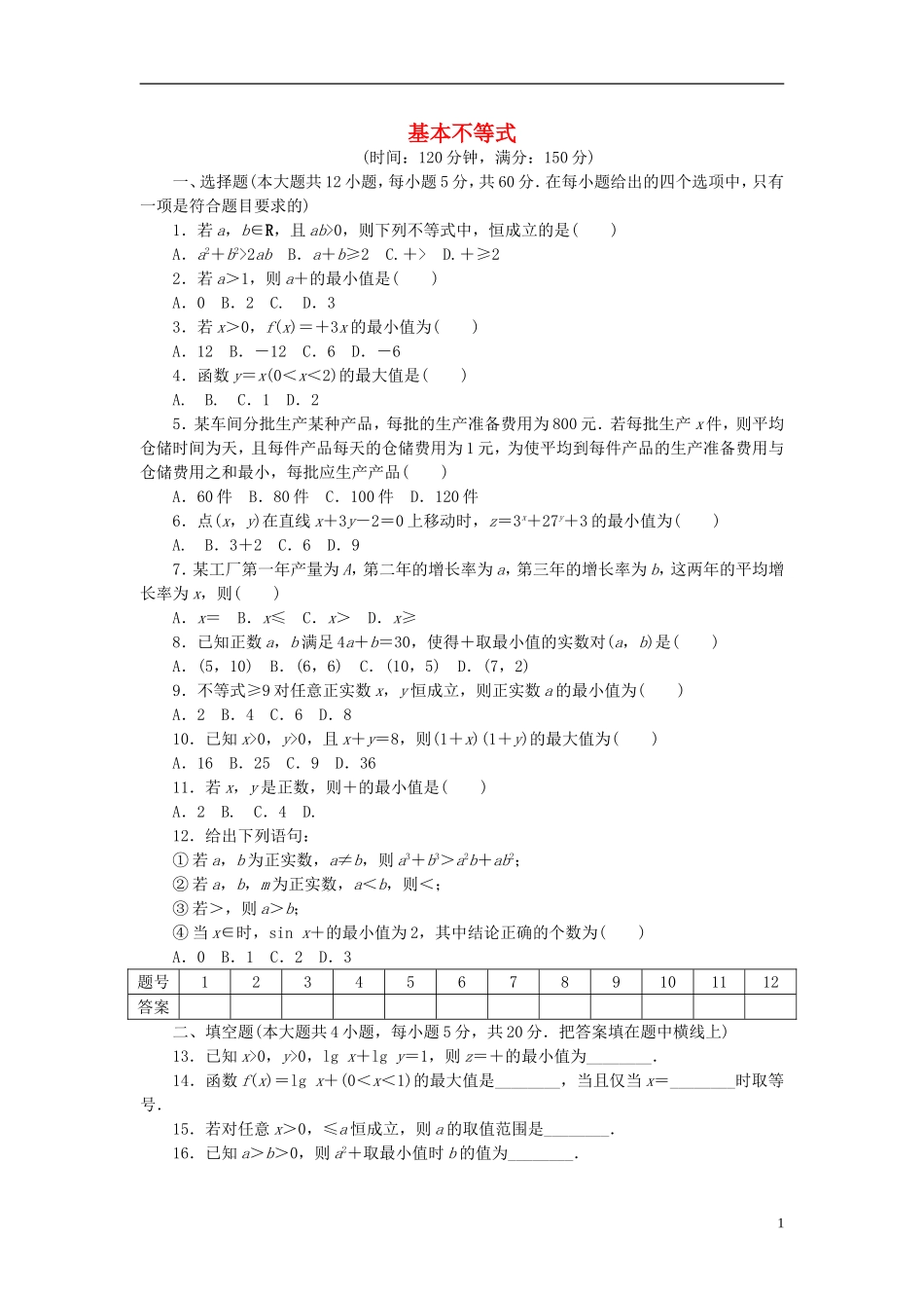 高中数学 第三章 不等式 基本不等式单元检测（含解析）新人教A版必修5-新人教A版高二必修5数学试题_第1页
