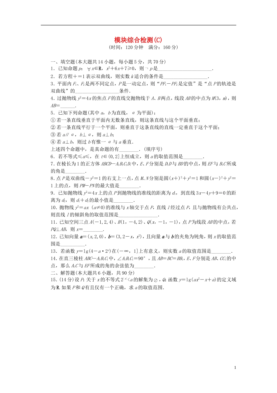 高中数学 模块综合检测(C) 苏教版选修1-2-苏教版高二选修1-2数学试题_第1页
