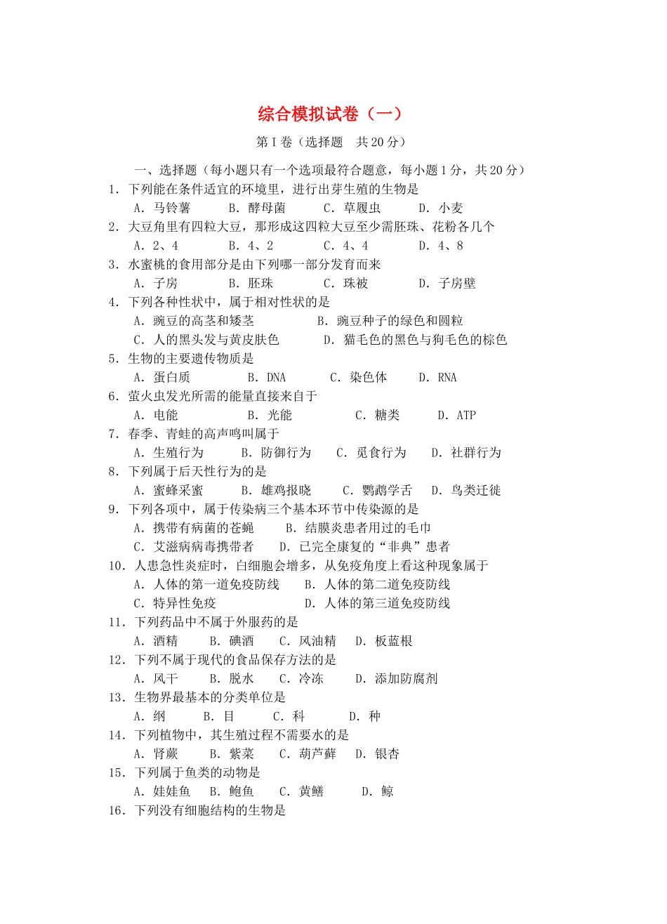 初中生物 综合模拟试卷 (4套) 苏教版 试题_第1页