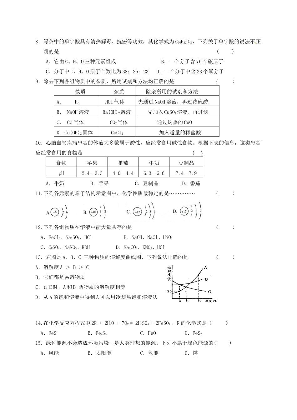 九年级化学第一次模拟试卷试卷(00002)_第2页