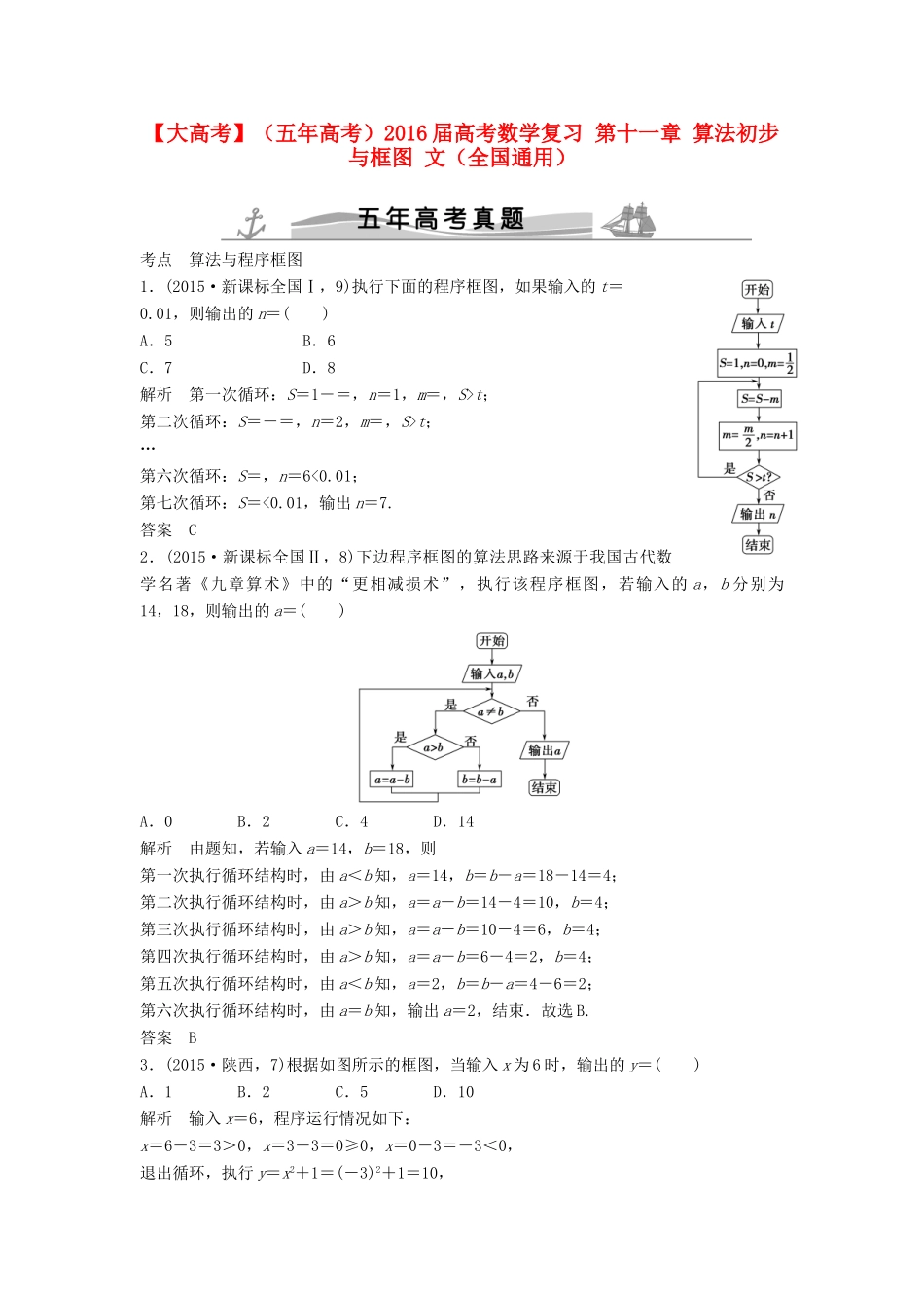 （五年高考）高考数学复习 第十一章 算法初步与框图 文（全国通用）-人教版高三全册数学试题_第1页