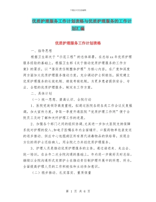 优质护理服务工作计划表格与优质护理服务的工作计划汇编