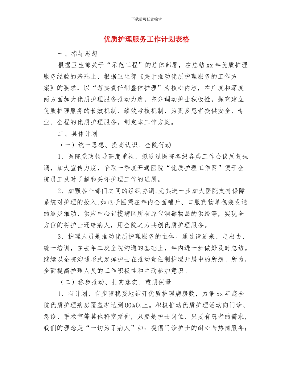 优质护理服务工作计划表与优质护理服务工作计划表格汇编_第3页