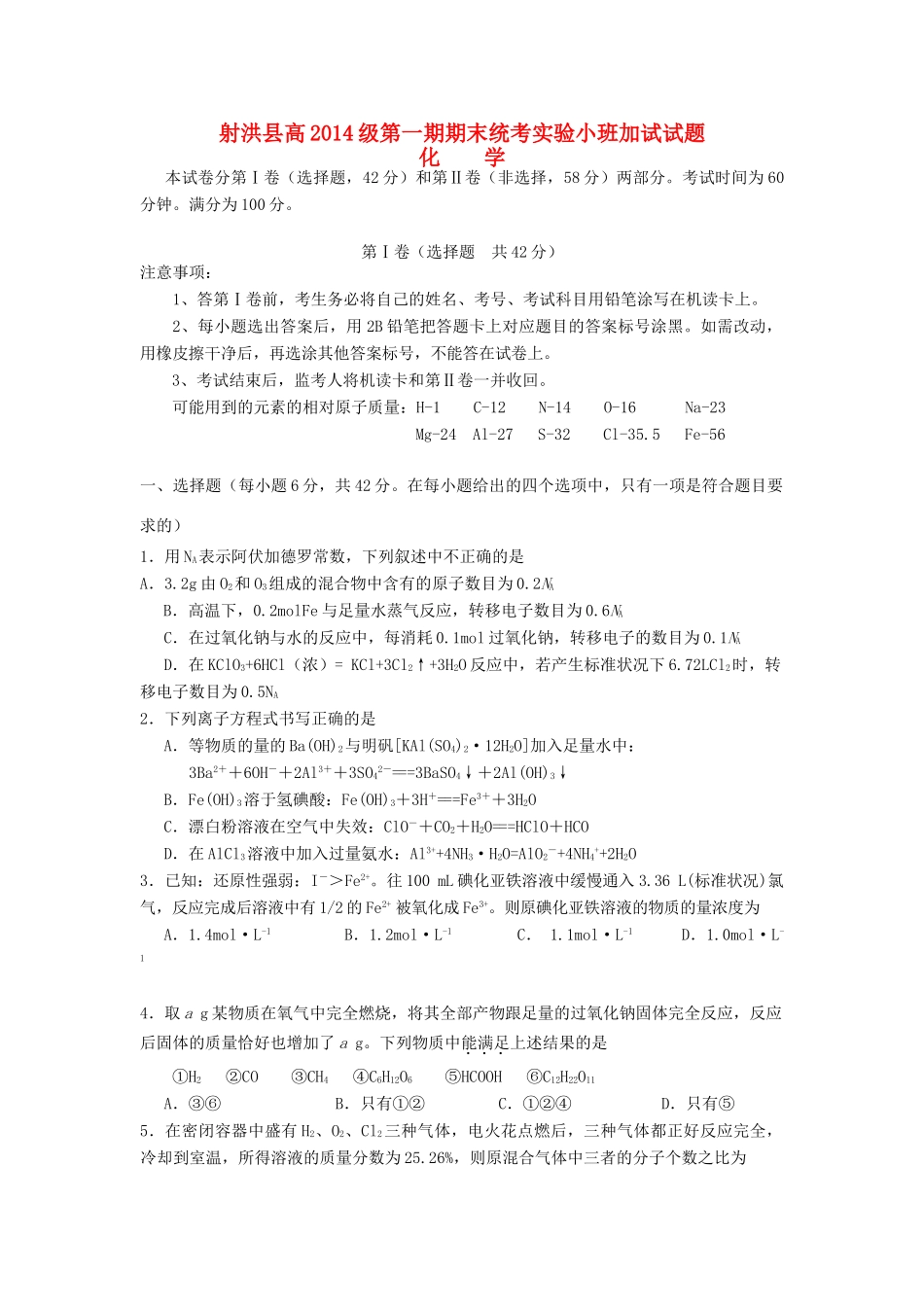 高一化学上学期期末统考实验小班加试试题-人教版高一全册化学试题_第1页