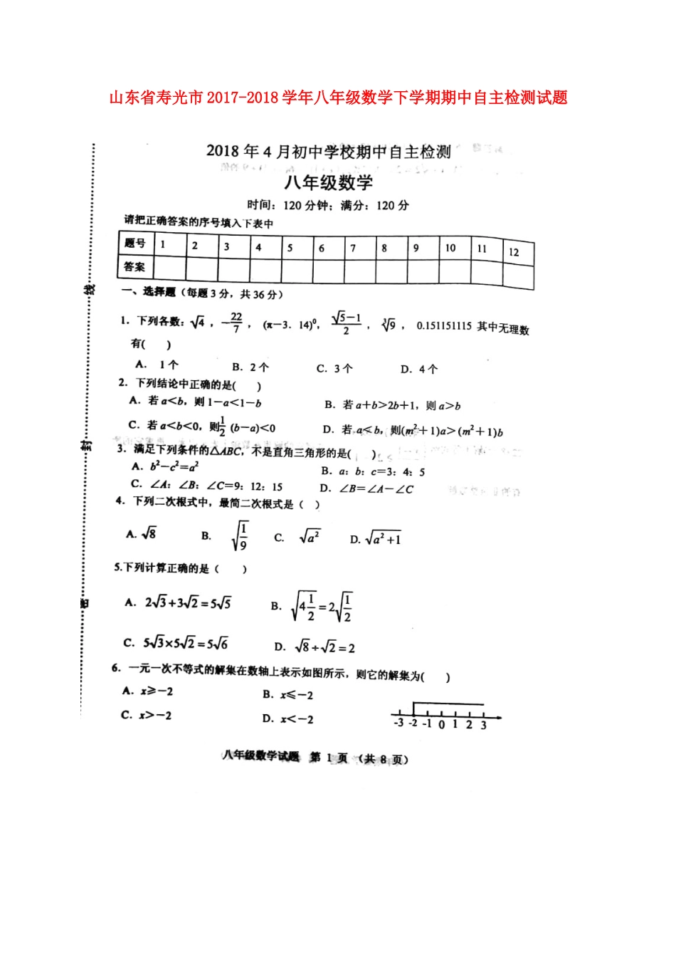 山东省寿光市 八年级数学下学期期中自主检测试卷新人教版试卷_第1页