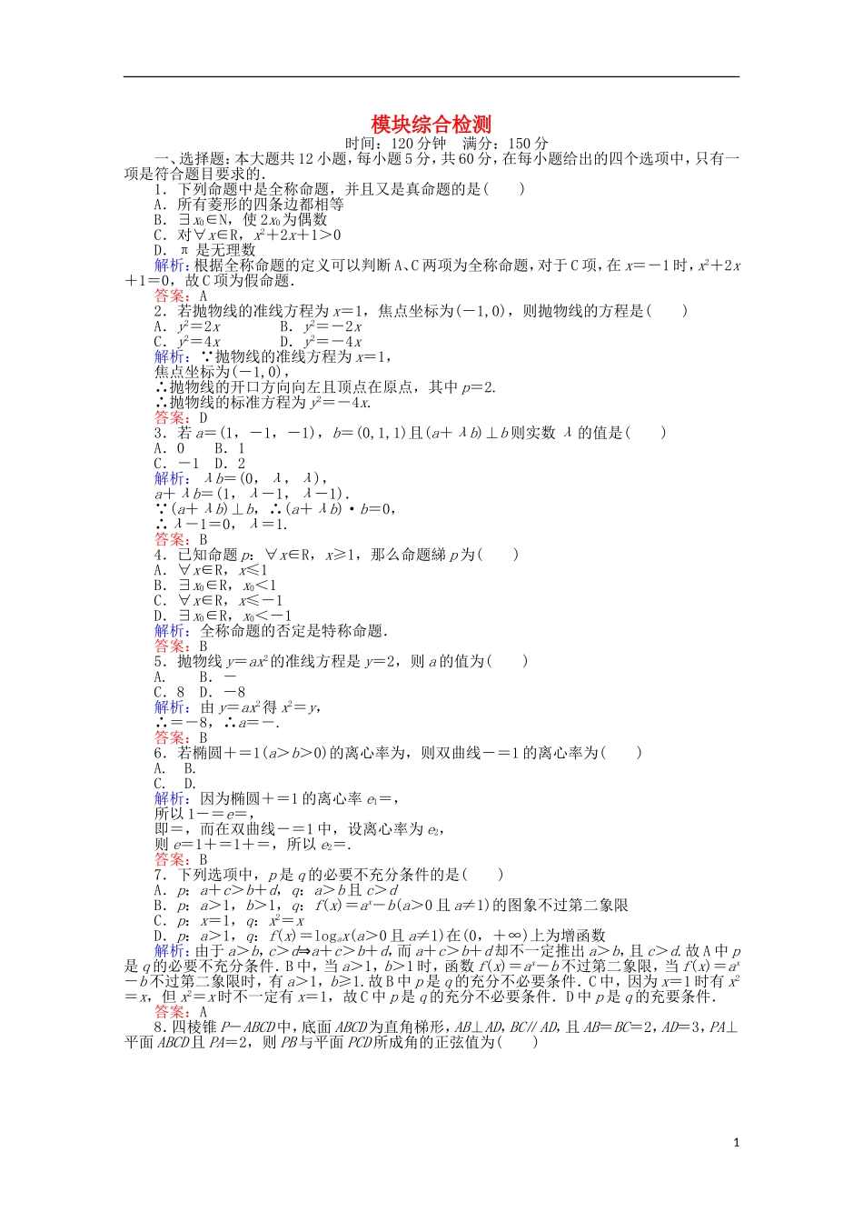 高中数学 模块综合检测 新人教A版选修2-1-新人教A版高二选修2-1数学试题_第1页