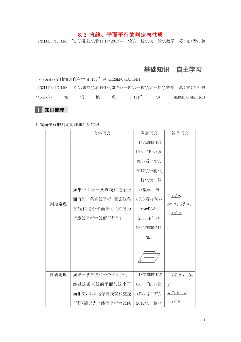 （江苏专用）高考数学大一轮复习 第八章 立体几何 8.3 直线、平面平行的判定与性质教师用书 文 苏教版-苏教版高三全册数学试题_第1页